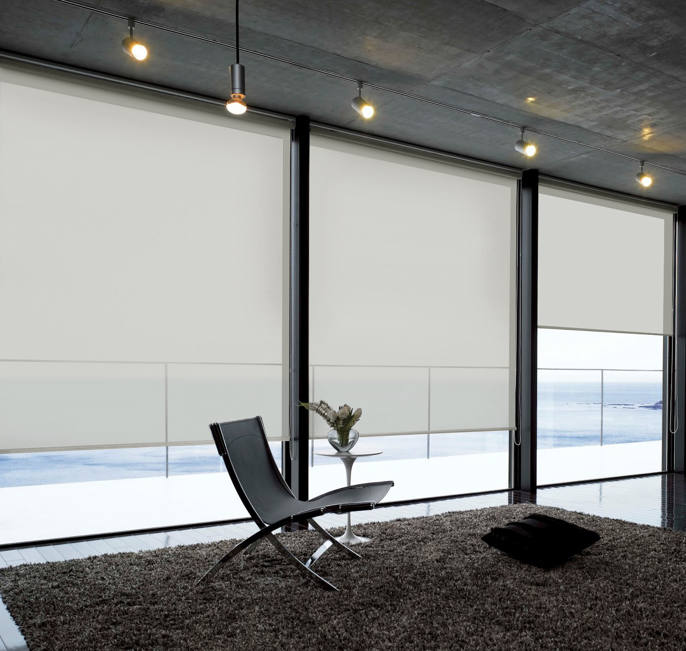 Large sunscreen roller shades in a modern interior.