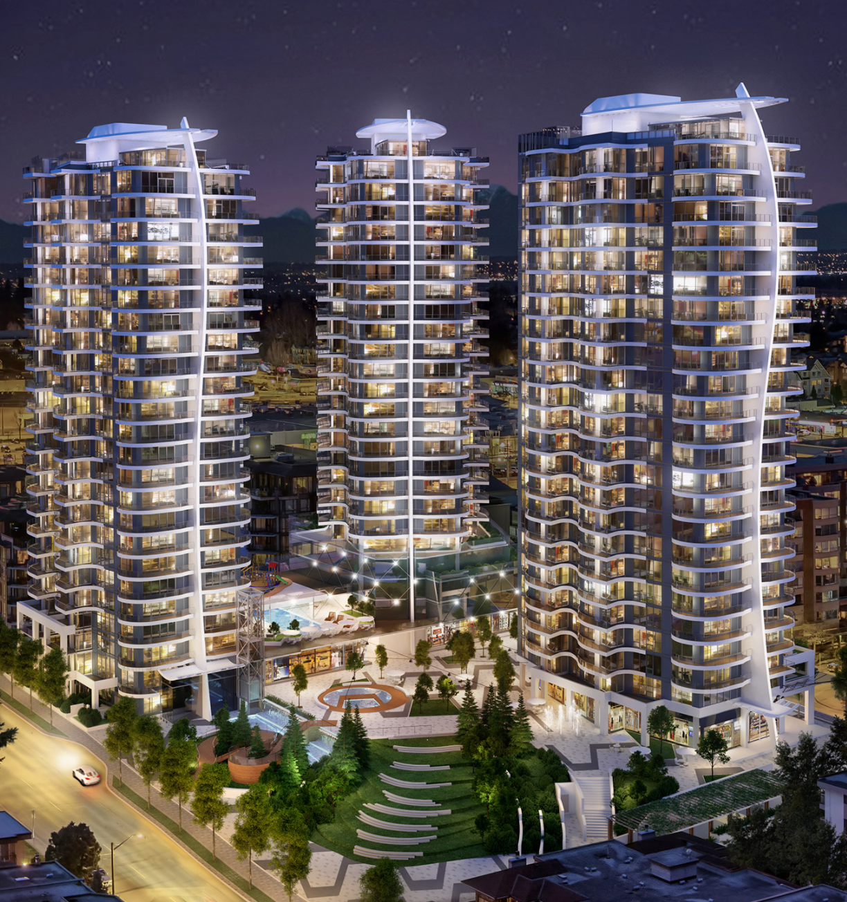 Night exterior of the Foster Martin development.